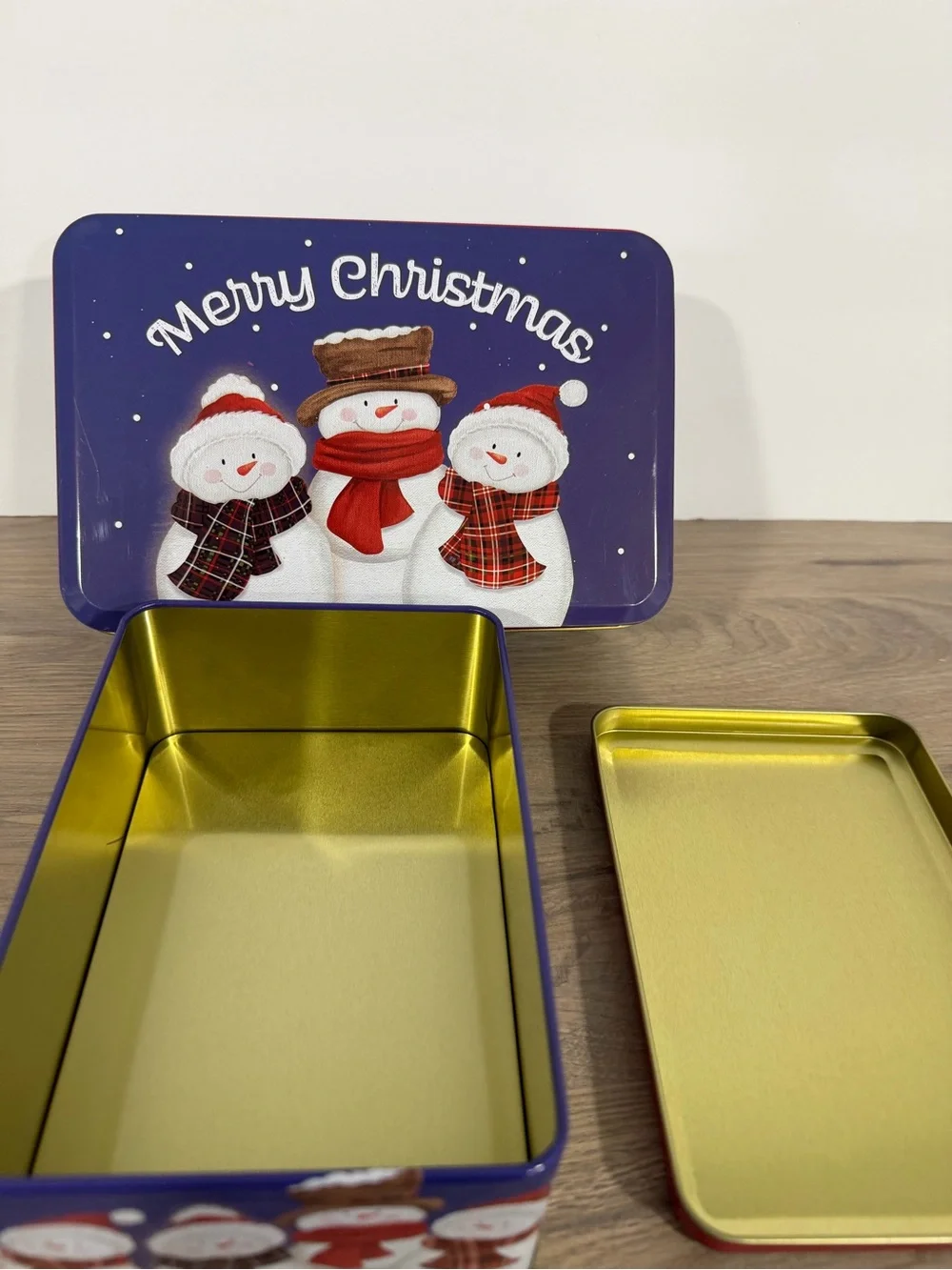 2 Holiday Snowman Tin - Merry Christmas Blue. 1 big&1 small